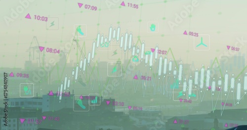 Displaying port analytics overlay at industrial harbor, with container cranes, charts and icons