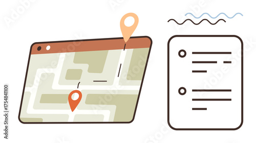 Digital map with two location pins connected by a route, shown next to a checklist. Ideal for travel, planning, organization, logistics, workflow optimization, journey tracking teamwork. A simple
