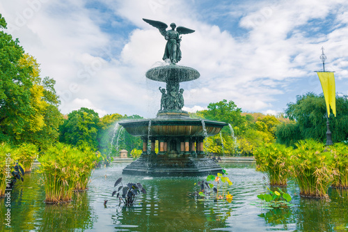 Central Park Bethesda Fountain with autumn trees and colorful leaves. New York. USA