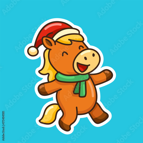 A Christmas sticker featuring a cartoon happy Santa Claus horse wearing a New Year's hat on an isolated background. Happy New Year 2026 card