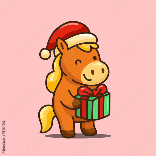 Christmas Sale sticker featuring a cartoon Santa Claus horse carrying a gift box in a New Year's hat on an isolated background. Happy New Year 2026 card