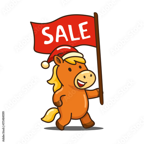 Christmas Sale Sticker: Cartoon Santa Claus, a horse carrying a flag in a New Year's hat, on an isolated background. Happy New Year 2026 card