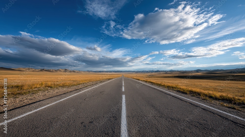 Fototapeta premium Straight open road cutting through a vast golden grassland with rolling hills under a dramatic blue sky, representing endless possibilities, movement, discovery, and the solitude of travel