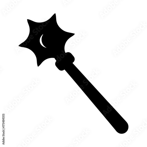 Magic wand silhouette icon with star tip, Black silhouette icon of a magic wand with a star-shaped tip, symbolizing fantasy, spells, and magical powers.
