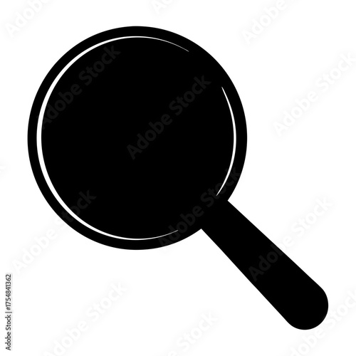 Magnifying glass black silhouette icon search, Minimal black silhouette of a magnifying glass icon, representing search, zoom, inspection, or analysis in digital and print media.
