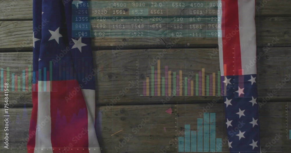 Naklejka premium Displaying American flag sections draping over wooden planks, overlaying data tables and bar charts