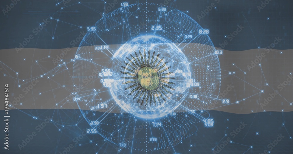 Fototapeta premium Displaying holographic globe projecting data network in virtual space, with sun emblem and numbers