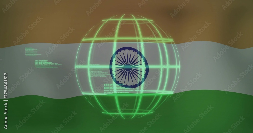 Naklejka premium Spinning neon green wireframe globe over flag backdrop showing blue Ashoka Chakra code snippets