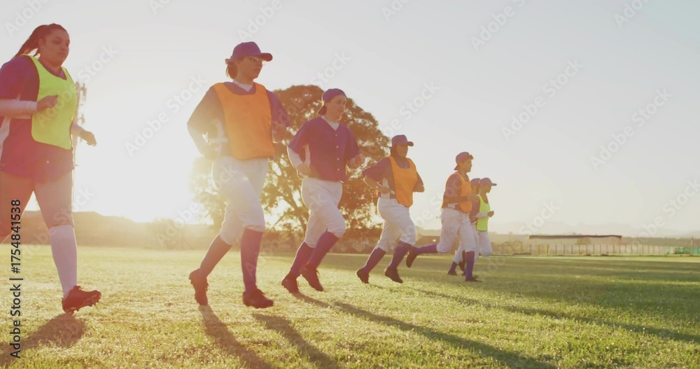 Obraz premium Running seven softball players warming up on softball field in low sun, wearing pinnies and cleats