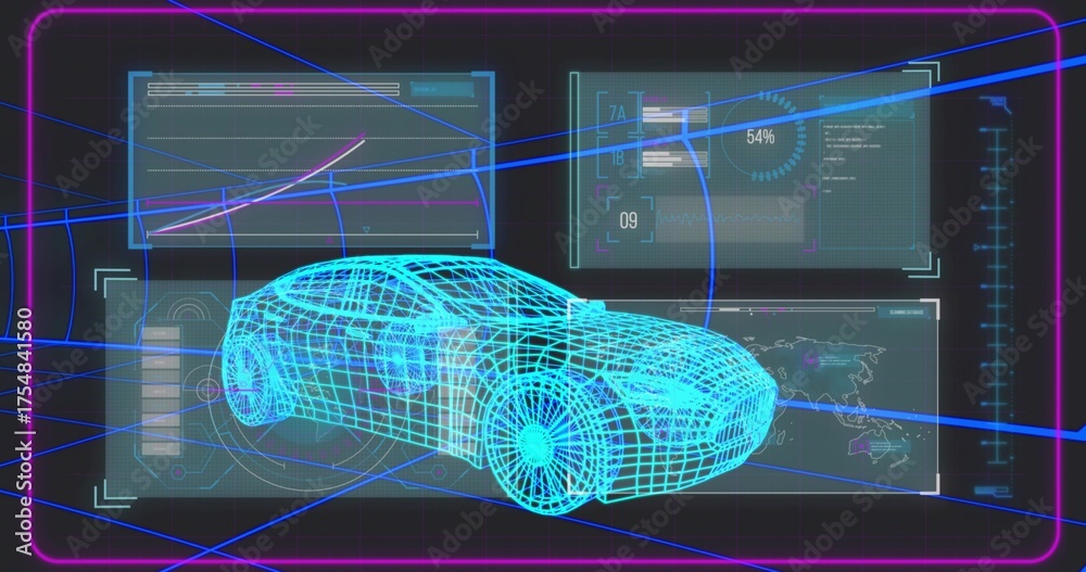 Naklejka premium Displaying neon blue wireframe sports car in futuristic virtual interface, with holographic panels
