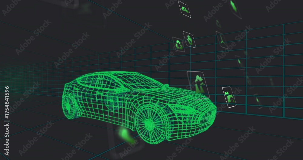 Obraz premium Displaying neon green wireframe sports car in virtual 3D space, with grid planes and floating icons