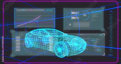 Displaying neon blue wireframe sports car in futuristic virtual interface, with holographic panels