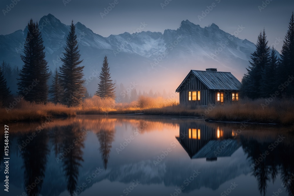 Fototapeta premium Scenic cabin by tranquil lake surrounded by mountains at dusk, offering a peaceful retreat in nature