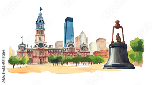 Independence Hall and Liberty Bell. Independence Hall and Liberty Bell hand drawn watercolor illustration