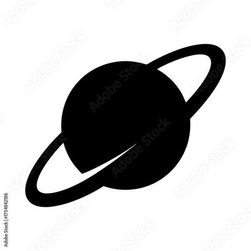 Simple black and white vector of planet with visible ring system orbiting