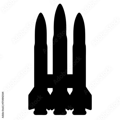 Silhouette of three rockets, possibly space shuttles, ready for launch