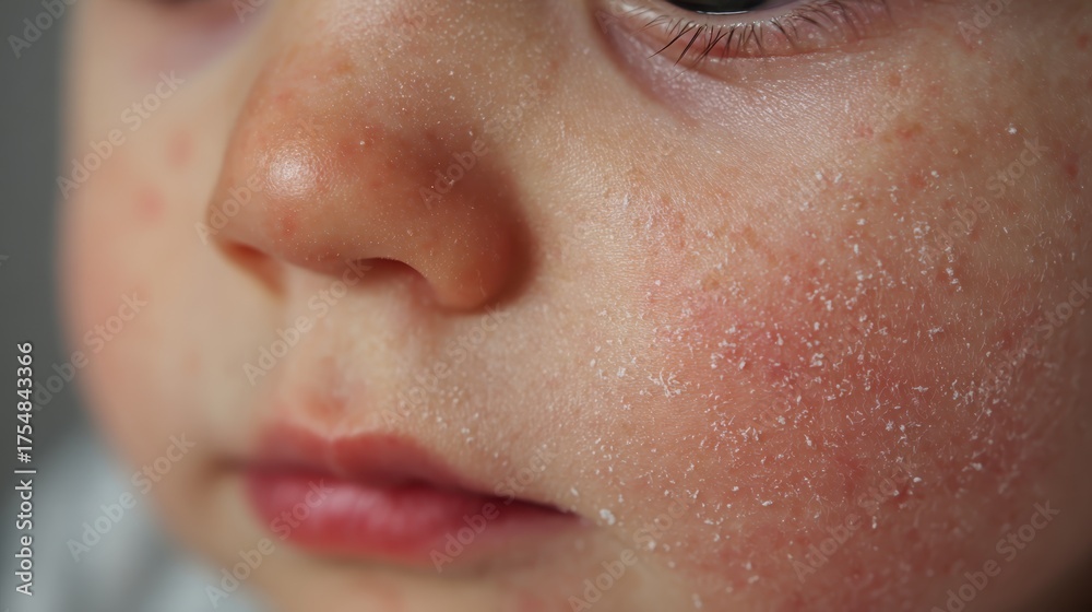Fototapeta premium Child's face showing severe eczema, scaling dry skin, and red rash, revealing symptoms of atopic dermatitis and allergic irritation
