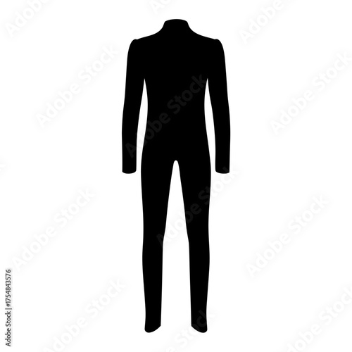A sleek black catsuit silhouette illustration standing on a white background
