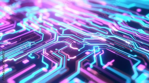 Abstract glowing neon circuit board with intricate pathways and connections, representing technology and data flow in vibrant blue and pink 4k video