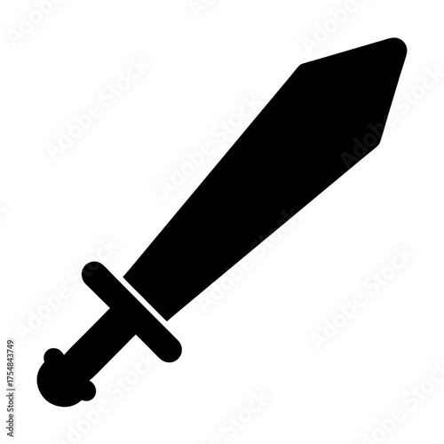 Sword silhouette icon symbolizing combat or defense, Black silhouette icon of a short sword with a pointed blade and hilt, representing battle, defense, medieval themes, or fantasy games.
