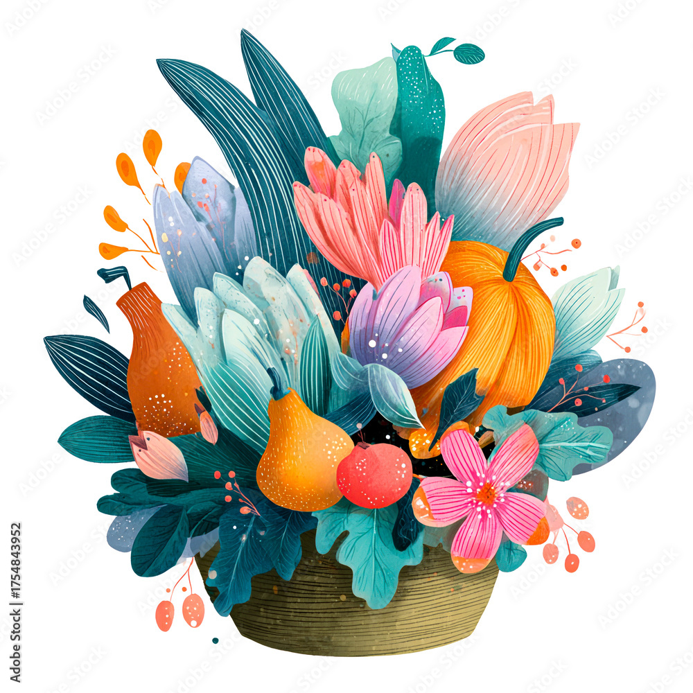 Fototapeta premium Hand painted Abundant Autumn Harvest Bouquet Arrangement, isolated on transparent cutout background