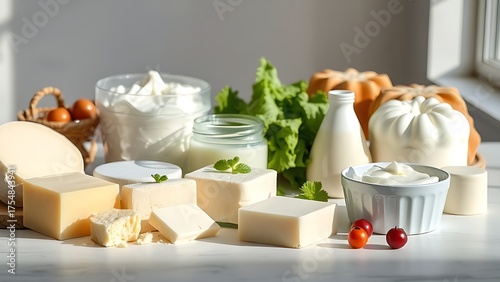 Fresh dairy products neatly arranged on a clean surface, bathed in soft natural light.