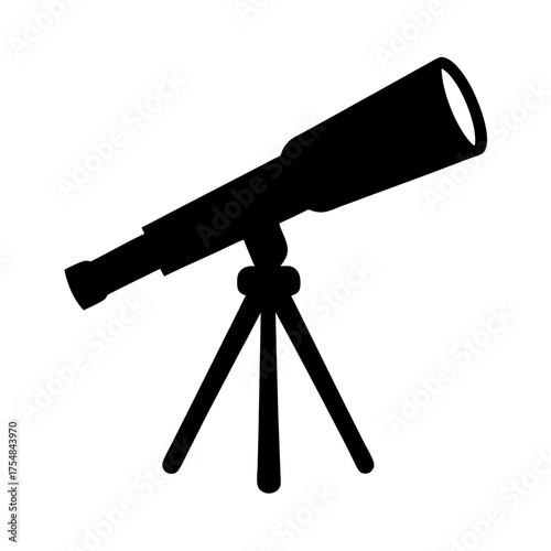 Black silhouette of a telescope on a tripod pointing upward slightly