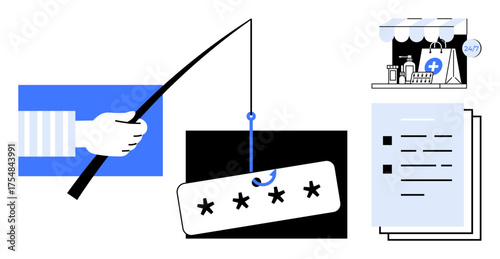 Hand holding phishing hook with password, storefront, and documents. Ideal for online security, fraud, hacking, data safety, scam prevention, password protection digital identity a simple flat