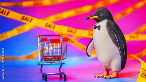 A penguin walks towards a shopping trolley, a bright neon background and yellow banners with the words Sale an advert for Black Friday and Cyber Monday sales