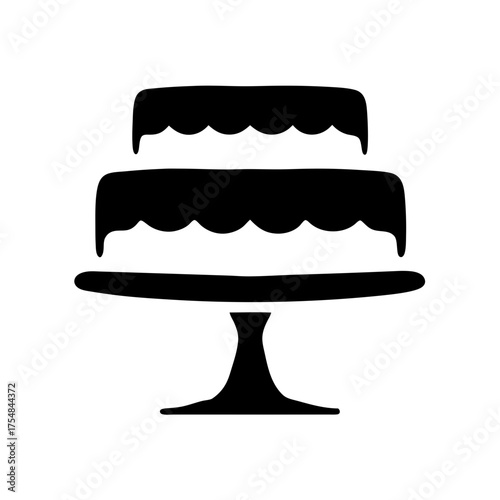 Simple black and white silhouette of a two tiered cake on stand