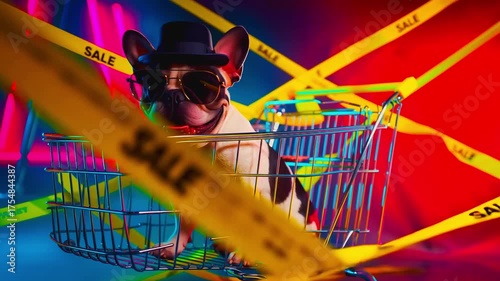 French bulldog wearing glasses and bowler hat rides in shopping trolley against neon multicoloured background with yellow sale banners, advertising video about Black Friday and Cyber Monday sales