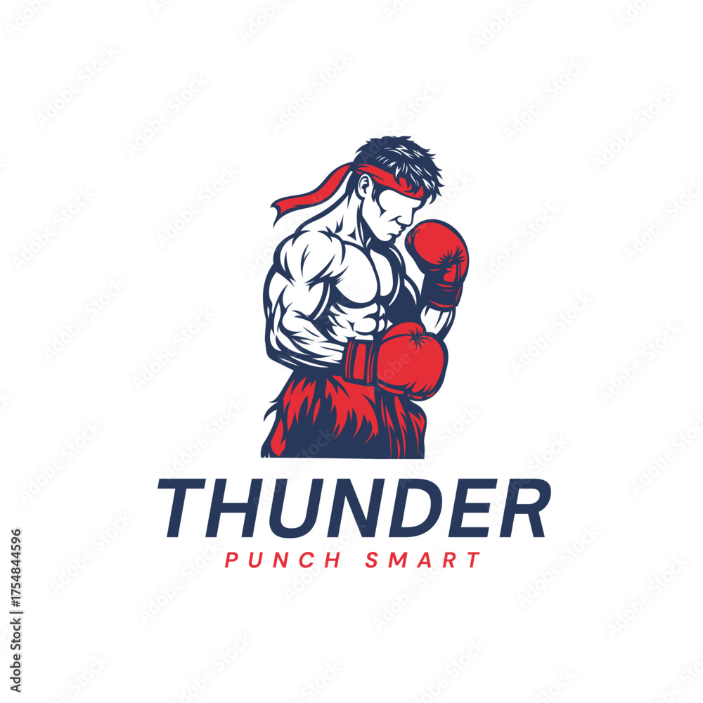 Fototapeta premium Powerful boxer in fighting stance with red gloves and headband ready for action, embodying strength and determination.