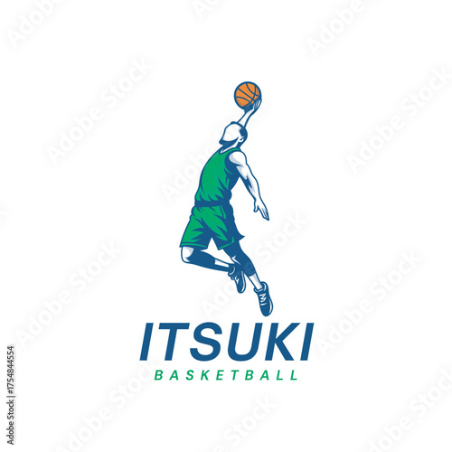 Dynamic basketball player in mid-air, soaring for a slam dunk, capturing peak athletic performance and team spirit