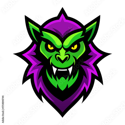 Fierce green werewolf mascot head with purple mane