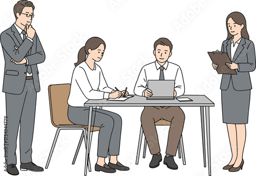 Business team meeting around table, office professionals planning project, teamwork, laptop use, executive strategy session, business communication concept, cartoon vector illustration on white