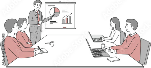 Business team presentation with graphs, corporate meeting room, employees with laptops, manager explaining charts, teamwork strategy session, cartoon vector office concept illustration