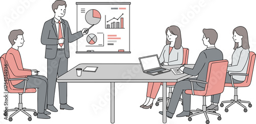 Business team in corporate meeting with presentation, manager showing data charts, office discussion, teamwork strategy session, analytics report, cartoon vector illustration on white background