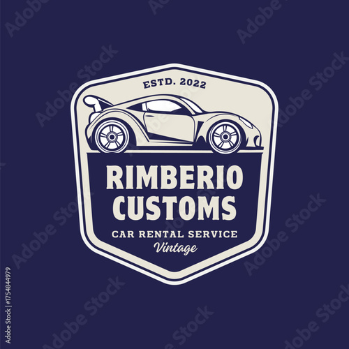 Retro sports car emblem for custom rental services and vintage vehicle enthusiasts seeking classic automotive experiences