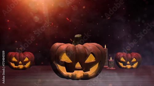 Spooky Halloween Pumpkins with Glowing Jack-O’-Lanterns and Candles on Dark Background