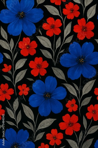 A vibrant floral pattern with bold colors and a contrasting background. The pattern features blue and red flowers with gray leaves
