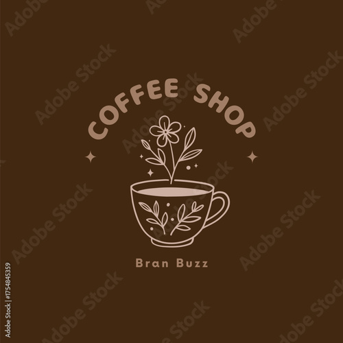 Charming coffee shop logo design featuring a blooming plant in a cup, perfect for artisanal cafes and brands