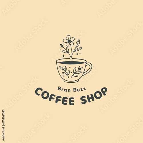 Charming coffee shop logo with a blooming flower emerging from a cup, perfect for branding artisanal cafes and cozy beverage businesses