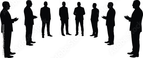 Silhouette of Businessmen Standing in Circle, Corporate Team Discussion, Professional Meeting Concept, Black Vector Illustration of Group Collaboration, Office People on White Background