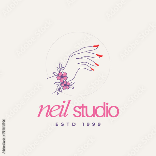 Elegant hand with vibrant red nails and delicate flowers, perfect for beauty salon branding and feminine marketing.