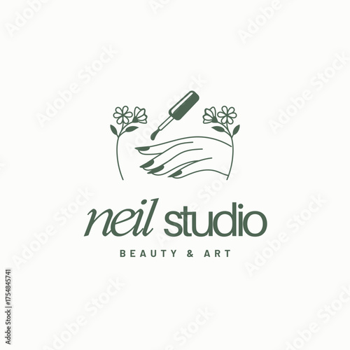 Chic nail studio logo with elegant hand, polish bottle, and delicate floral accents for beauty brands