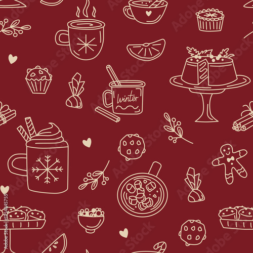Holiday seamless pattern with whimsical doodle elements on red background. Hand-drawn Christmas ornaments, sweets and hot drinks.