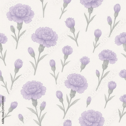 A charming pattern of delicate purple carnations, creating a soft and elegant design. Each flower showcases intricate petals and subtle details. The buds suggest a sense of growth and new beginnings