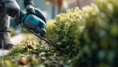 Close-up of a gardener using a turquoise electric trimmer to shape the base of a green hedge and clear ground debris. Focused on outdoor yard work and property maintenance during golden light.