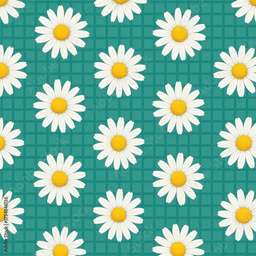 A seamless pattern of daisy flowers, creating a refreshing and cheerful aesthetic. The flowers are in full bloom with white petals and yellow centers