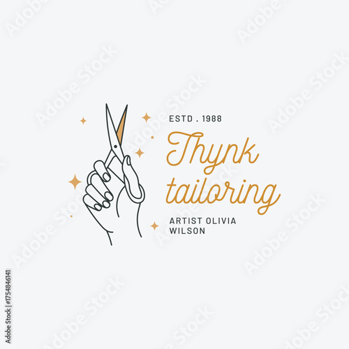 Elegant tailoring logo template with hand holding scissors and star accents perfect for showcasing your brand's unique style and artisan quality